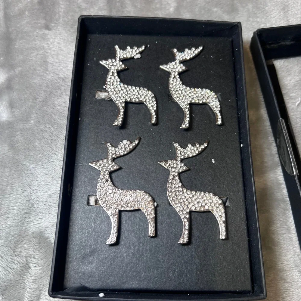 Rachel Zoe Set of 4 Rhinestone Reindeer Napkin Rings Silver Metal Holiday Decor‎